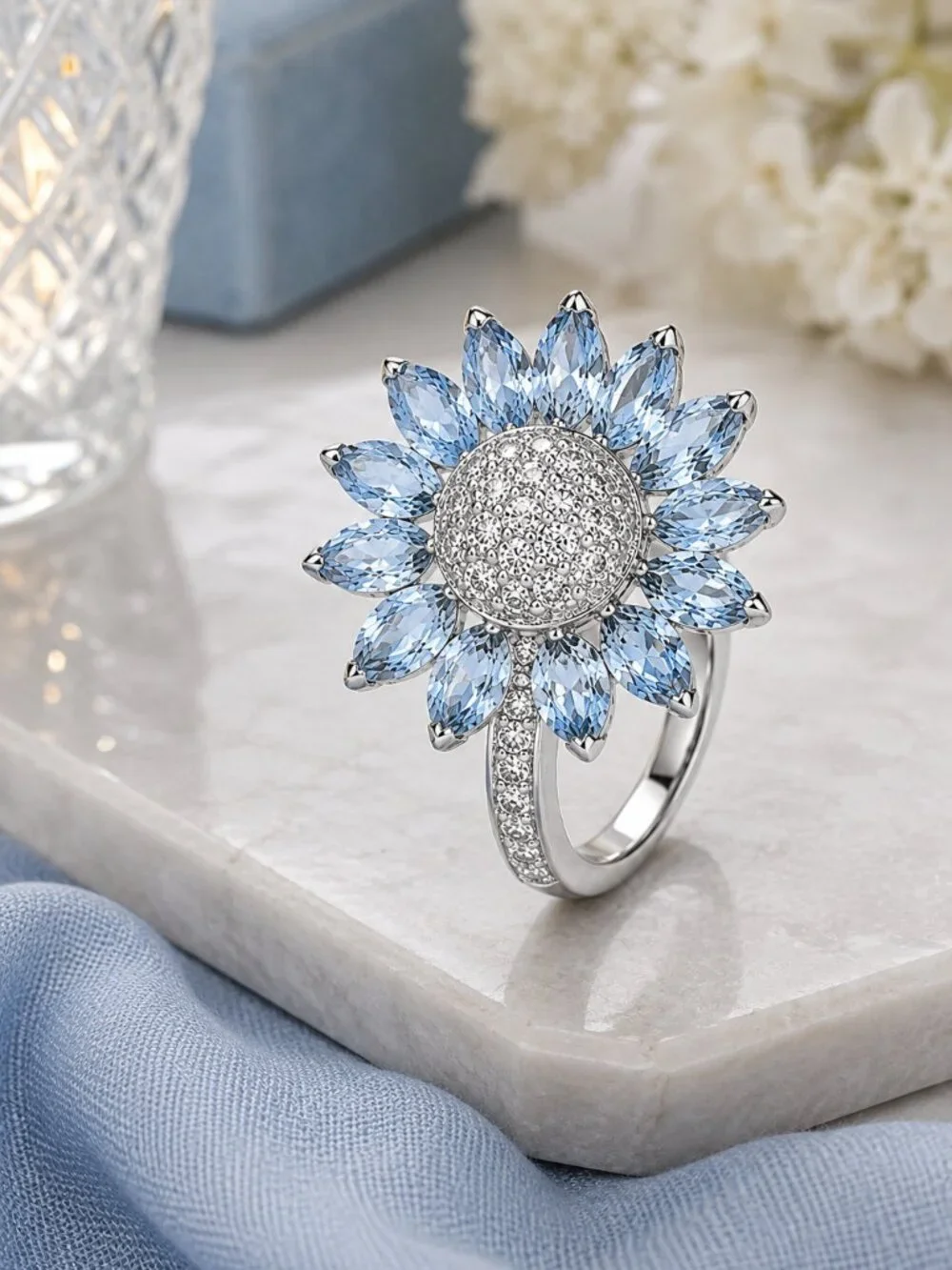 Sunflower Statement Ring Blue CZ Crystal Petals Silver Tone Size 6 NWT